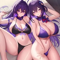 ai_generated bed belly belly_button big_breasts black_bra black_panties bluecatrip blush blush fit fit_female gigantic_breasts hair_ornament hand_in_hair hand_near_pussy hand_on_head hand_on_thigh honkai:_star_rail honkai_(series) hoyoverse huge_breasts mihoyo nose nose_blush on_back on_bed open_mouth purple_bra purple_eyes purple_hair purple_panties seductive seductive_look seele_(honkai:_star_rail) stable_diffusion