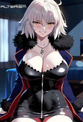 1girls ahoge ai_generated alterism bedroom big_breasts cleavage coat collar curvaceous curvy curvy_figure dress evil_grin fate/grand_order fate_(series) female_focus fur_trim grey_hair grin hourglass_figure huge_breasts impossible_fit indoors jeanne_alter jeanne_d'arc_(fate)_(all) looking_at_viewer minidress naughty_face pale_skin panties shiny_skin short_dress short_hair sitting skin_tight skindentation thick_thighs white_hair wide_hips yellow_eyes