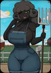 1girl 1girls 2020s 2024 2d 2d_(artwork) big_thighs black_fur black_sheep black_wool breasts busty clothed ewe farm farmgirl female female_focus female_only fluffy_hair fur furry furry_female furry_only green_eyes hair hi_res highres hips hourglass_figure large_thighs one_eye_closed original original_character outdoors overalls pitchfork sheep sheep_girl sideboob slim_waist solo solo_female solo_focus standing thick_thighs thighs tongue voluptuous wheat wheat_in_mouth wide_hips zak_hitsuji