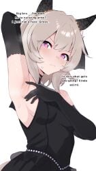1girl arm_up armpits black_dress black_gloves curren_chan_(umamusume) disgusted elbow_gloves english_text grey_hair horse_ears horse_girl nyaivie presenting_armpit purple_hair short_hair sleeveless small_breasts solo umamusume umamusume_pretty_derby
