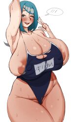 1girls alternate_breast_size armpit big_breasts blue_eyes blue_hair blush breasts breasts_bigger_than_head efto_(pixiv) freckles hair_ornament hips huge_breasts lana's_mother_(pokemon) mature_female milf nintendo pokemon pokemon_sm pubic_hair swimsuit tagme wet_body white_background wide_hips