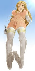 +_+ blonde_hair breasts controller feet feet_together female gloves highres kukkumann long_hair nipples no_shoes nude pigeon-toed pigeon_toed presenting_feet pussy remote_control shokuhou_misaki soles solo spread_toes thighhighs to_aru_kagaku_no_railgun to_aru_majutsu_no_index toe_socks toes uncensored yellow_eyes