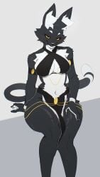 anthro big_breasts black_fur fluffy_ears furry muart242 solo_anthro solo_female sweat sweatdrop tail toe_beans whiskers white_fur yellow_eyes