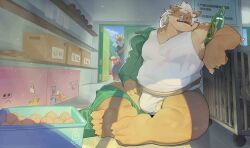 2024 absurd_res anthro asian_clothing bear belly big_belly canid canine clothing detailed_background drunk east_asian_clothing feet fox fundoshi group hi_res inside japanese_clothing kemono male mammal overweight overweight_male piero03432812 shirt sitting substance_intoxication suid suina sus_(pig) topwear underwear white_clothing white_fundoshi white_underwear wild_boar