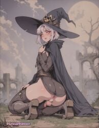 ai_generated anus ass_focus boots cloak femboy feminine_male flaccid flaccid_penis girly glowing_eyes groupstation hi_res kneeling looking_at_viewer moon otoko_no_ko otokonoko penis rear_view ruins short_hair solo solo_femboy solo_male thick_ass trap white_hair witch witch_hat