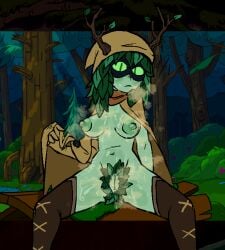 adventure_time blush boots branch_horns bushy_pubes cloak exposed_breasts exposed_pussy green green_eyes green_skin hood huntress_wizard leaf_hair musk musk_clouds neutral_expression oblugg sitting staring_at_viewer sweat thigh_boots unshaved_pussy