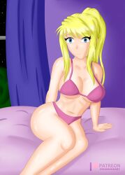 1girls bed blonde_hair blue_eyes bra breasts enigma_heart female female_only female_solo fullmetal_alchemist night only_female panties pink_bra pink_panties pink_underwear ponytail solo solo_female solo_only underwear winry_rockbell