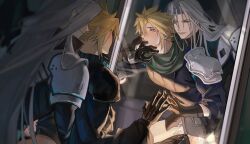 2boys acutecrane blonde_hair blue_eyes bottomless cloud_strife color crisis_core_final_fantasy_vii cum cum_on_thighs drooling ear_piercing earrings final_fantasy final_fantasy_vii finger_in_mouth gay glove gloved_hands green_eyes hickey implied_anal implied_sex light-skinned_male light_skin long_hair male/male mirror mirror_reflection pauldrons scarf sephiroth sex shoulder_pads silver_hair smirk spiky_hair square_enix tagme yaoi