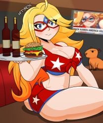 1girls alcohol artist_signature ass big_breasts blonde_hair blue_eyes breasts burger capybara charlotte_vanders drinks female female_only food hamburger heroine huge_breasts kamen_america kamen_america_(series) large_breasts light-skinned_female light_skin looking_at_viewer plate red_bra red_panties solo solo_female superheroine television thighs tv twitter_link waitress