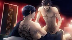 2boys anal anal_sex bishonen bishounen black_hair brown_eyes brown_hair censored censored_genitalia censored_penis cowgirl_position door duo game_cg gay gay_sex grin homosexual indoors jj_(omertà) liu_jien_(omertà) looking_at_another male male/male male_on_top male_only male_penetrating mosaic_censoring mosaic_censorship naked naked_male necklace nipples omertà_chinmoku_no_okite partially_clothed png sweat tattoo toned toned_body toned_male yaoi