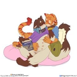 1:1 2025 anthro areola belly_nipples biped blue_hair blush book breasts brown_body brown_fur brown_hair candy chocolate collar collar_tag dessert digital_media_(artwork) domestic_cat english_text eyewear felid feline felis female female_anthro fluffy fluffy_tail food fur genital_scar genitals glasses gloves_(marking) hair hand_on_breast hand_on_cheek hermia_idril hi_res holding_book holding_object kissing male male/female male_anthro mammal markings multicolored_hair nipples orange_body orange_fur pantherine pussy red_body red_fur round_glasses scar siamese simple_background sitting slightly_chubby slightly_chubby_anthro slightly_chubby_female striped_body striped_fur stripes tail text the_gentle_giant tiger trans_(lore) trans_woman_(lore) two_tone_hair vaginoplasty_scar vulva white_background white_body white_fur