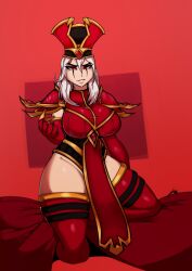 breasts_bigger_than_head huge_breasts red_eyes sally_whitemane sexualyeti thick_thighs white_hair world_of_warcraft