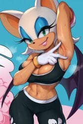 1girls ai_generated anthro armpit armpit_crease armpit_spread armpits arms_up bat cleavage female female_only furry gloves green_eyes gym_uniform large_breasts lipstick looking_at_viewer midriff raight21 rouge_the_bat solo sonic_(series) sonic_the_hedgehog_(series) sportswear stable_diffusion sweat sweatdrop sweaty_breasts yoga_pants