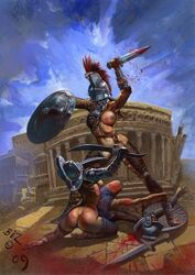 1boy 2009 2girls ancient_rome barefoot blood cassis_crista feet female fight gladiator gladiatrix gladius history male manica_(armor) shield simon_bisley skimpy_armor sword tagme weapon