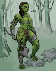 abs axe barefoot big_breasts brown_hair colored dicktator66 digital_media_(artwork) female female_only female_pubic_hair forest green_skin green_skinned_female muscular muscular_arms muscular_female muscular_legs orc orc_female pierced_nose pointy_ears pubes pubic_hair pubic_tattoo tattoo tattoo_on_legs tattooed_arm tattoos thick_legs thick_thighs thighs tribal tribal_tattoo wide_hips