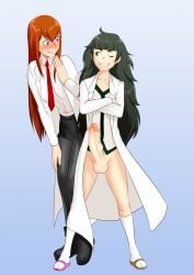 1futa 1girls bangs big_penis blue_eyes bottomless brown_hair clothed clothing crossed_arms duo erection female flat_chest fully_clothed futanari green_eyes green_hair hiyajou_maho huge_cock human labcoat light-skinned_female light-skinned_futanari light_skin long_hair makise_kurisu messy_hair oo_sebastian_oo partially_clothed penis penis_awe red_hair smile standing steins;gate steins;gate_0 surprised tie uncensored