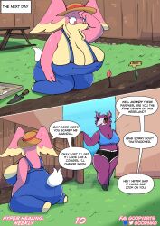 anthro aromatisse audino big_breasts breasts clothed clothing female generation_5_pokemon generation_6_pokemon goopyarts hi_res huge_breasts hyper hyper_breasts nintendo overalls pink_body pokemon pokemon_(species) raina_(goopyarts) slightly_chubby thick_thighs wide_hips