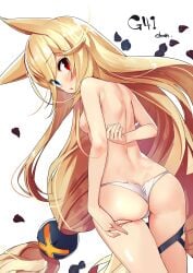 animal_ears ass blonde_hair blue_eyes blush breasts character_name cowboy_shot dutch_angle female g41_(girls'_frontline) girls'_frontline hair_censor heterochromia highres long_hair panties parted_lips petals petite petite_body petite_breasts petite_female red_eyes sidelocks small_breasts solo standing thigh_gap topless underwear very_long_hair white_panties yamacchi