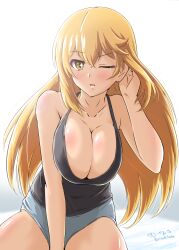 1girls blonde_hair breasts large_breasts one_eye_closed seductive seductive_look shokuhou_misaki sitting teenage_girl teenager to_aru_majutsu_no_index yellow_eyes young