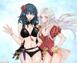 2girls alternate_costume bikini black_bikini black_swimsuit blue_eyes breasts byleth_(female)_(fire_emblem) byleth_(female)_(summer)_(fire_emblem) byleth_(fire_emblem) byleth_(fire_emblem)_(female) edelgard_von_hresvelg edelgard_von_hresvelg_(summer) female female_only fire_emblem fire_emblem:_three_houses fire_emblem_heroes helen_(helen2210hk) nintendo one-piece_swimsuit red_one-piece_swimsuit red_swimsuit swimsuit