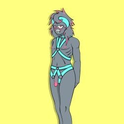 1:1 2022 accessory blush colored digital_drawing_(artwork) digital_media_(artwork) genitals girly grey_body grey_hair hair hands_behind_back headband hi_res humanoid humanoid_genitalia knees_together long_hair looking_at_viewer male messy_hair mooph navel nervous nervous_expression nipples nude penis pink_eyes pink_nipples ribs shaded simple_background skinny skinny_male solo solo_focus teeth undead zombie