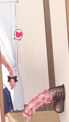 1boy after_masturbation anal_fluid astolfo_(fate) black_ribbon dildo dildo_on_wall dildo_reveal fate_(series) heart highres horse_dildo indoors long_hair miniskirt mobukichi pink_hair ribbon sex_toy skirt solo spoken_heart suction_cup_dildo walking_away