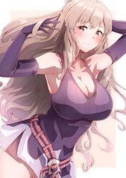 1girls absurdres bare_shoulders blush breasts brown_eyes brown_hair cleavage closed_mouth collarbone dress elbow_gloves female female_only fire_emblem fire_emblem_awakening gloves hands_in_hair highres large_breasts long_hair looking_at_viewer nintendo purple_dress purple_gloves short_dress sleeveless sleeveless_dress solo sumia_(fire_emblem) sweatdrop thighs to_(tototo_tk)