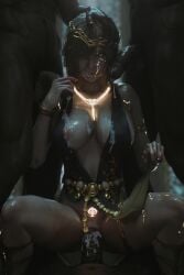 1girls 3boys 3d 3d_(artwork) 3d_model covered_in_cum cum cum_in_pussy cum_inside dark-skinned_male dark_skin elden_ring foursome fromsoftware glowing_jewelry glowing_markings interracial lifting_skirt looking_at_viewer mmmf_foursome nipple_slip nynx queen queen_marika_the_eternal tagme yellow_eyes