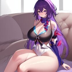 ai_generated bare_shoulders belly_button big_ass big_breasts big_butt bluecatrip blush blush cleavage couch covered_navel crossed_legs detached_sleeves fit fit_female hands_behind_back honkai:_star_rail honkai_(series) hoyoverse huge_breasts long_hair looking_at_viewer mihoyo navel nose nose_blush purple_eyes purple_hair seele_(honkai:_star_rail) shy sitting_on_couch sleeves stable_diffusion thick_thighs