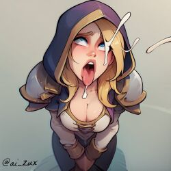 ahe_gao ai_generated big_breasts blonde_hair blue_eyes cum_on_face cumshot from_above hood jaina_proudmoore rolling_eyes tongue tongue_out world_of_warcraft zux_edits