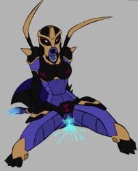 big_breasts black_lipstick blackarachnia cum_inside dripping_pussy energomammaries female purple_skin pussy_ejaculation pussy_juice robot robot_girl smile transformers transformers_animated