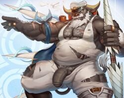 1animal 1anthro 1boy ahab_(tokyo_afterschool_summoners) anthro anthro_only arm_up bara beard bearded belly belly_bulge big_balls big_hands black_body black_fur buffalo bulge bulge_through_clothing bulging_belly bulging_nipples bulging_penis cape dsharp_k ears_down fat fat_man flaccid flaccid_penis gay grey_hair hairy hairy_arms hairy_chest hairy_male hanging_penis holding_arm_up horn horns male male_only moustache obese penis pipe pubic_hair ripped_clothing sailor sailor_hat scars scars_all_over scars_on_arm scars_on_legs smoking smoking_pipe soft soft_penis solo standing tail tank_top uncircumcised uncircumcised_penis uncut veiny_penis weapon white_beard white_hair white_shirt