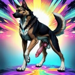 1boy ai_generated animal_genitalia animal_penis balls big_penis canid canine canine_genitalia canine_penis canis domestic_dog erection feral fur german_shepherd hi_res knot male male_only mammal penis quadruped snout tail