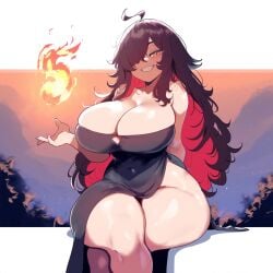 ai_generated amber_eyes ameanon black_dress dark_hair female large_breasts sorceress sorceress_sophia thick_thighs two_tone_hair villainess witch