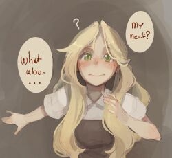 after_sex apron blonde_hair blush brown_apron commentary cum cum_on_neck dress english_commentary english_text facing_viewer female freckles green_eyes highres long_hair open_mouth original short_sleeves solo speech_bubble standing sushoartworks white_dress