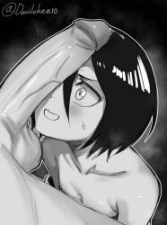 1boy 1girls artist_name artist_signature black_and_white bleach bleach:_the_thousand-year_blood_war blush completely_nude devilukez greyscale kuchiki_rukia large_penis monochrome nude nude_female penis penis_on_face short_hair small_breasts