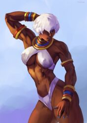 big_breasts breasts dark-skinned_female elena_(street_fighter) nipple_bulge nipples street_fighter tinyeffort toned_female white_hair