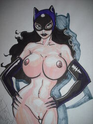 00s 1girls 2000s 2003 areola batman_(series) black_hair breasts busty catwoman cleavage color dc dc_comics eyeliner eyeshadow female female_only jim_balent lipstick long_gloves long_hair makeup navel nipples selina_kyle solo tagme voluptuous