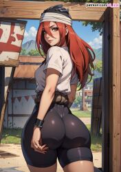 ai_generated ass big_ass big_breasts bike_shorts black_bike_shorts breasts brown_eyes female female_only hat huge_ass large_ass large_breasts light-skinned_female light_skin long_hair looking_at_viewer naruto naruto_(series) red_hair s8link shirt short_shorts shorts tayuya thighs voluptuous voluptuous_female wide_hips