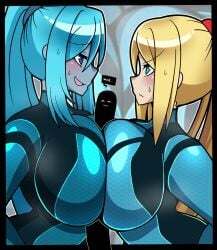 2girls big_breasts blonde_hair blue_eyes blue_hair breasts breasts_pressed_together dark-skinned_female dark_samus dark_skin female female_only iriomote_umineko metroid nintendo samus_aran sweatdrop zero_suit_dark_samus zero_suit_samus