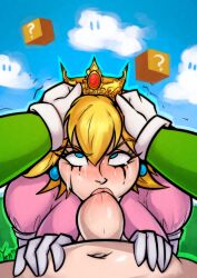 1boy 1girls deepthroat female luigi male male_pov mario_(series) outdoors pov princess_peach sexualyeti super_mario_bros.