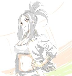 1girls black_hair black_jacket breasts dendra_(pokemon) fingerless_gloves gloves hand_on_hip jacket large_breasts looking_at_viewer midriff mitsugu navel nintendo pokemon pokemon_sv ponytail red_eyes scar shorts sports_bra track_jacket white_shorts white_sports_bra