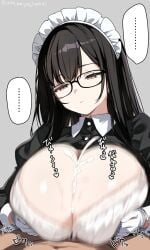 ... black_hair bra breasts brown_eyes buttons cleavage closed_mouth commentary_request covered_paizuri cum cum_in_cleavage cumming_from_paizuri cumming_in_cleavage cumshot cumshot_in_chest cumshot_in_cleavage ejaculating_cum ejaculating_in_cleavage ejaculation ejaculation_between_breasts engulfing_paizuri female glasses gloves grey_background highres large_breasts long_hair long_sleeves maid maid_headdress motion_blur navel original paizuri paizuri_flux paizuri_under_clothes projectile_cum spoken_ellipsis titty_creampie twitter_username underwear urabanasimati white_bra white_gloves