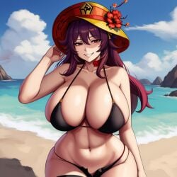 abs ai_generated aka6_(style) beach belly_button big_breasts black_bikini black_thighhighs black_thong bluecatrip fit fit_female flower flower_on_hat flowers genshin_impact gigantic_breasts half-closed_eyes hand_behind_head hat hoyoverse hu_tao_(genshin_impact) huge_breasts long_hair mihoyo navel red_eyes red_flower red_flowers red_hair sand seaside seductive seductive_eyes seductive_smile smirk smirking thick_thighs thighhighs thong untied_hair