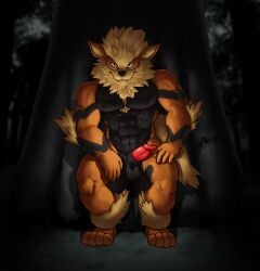 animal_genitalia anthro arcanine black_body black_fur canid canine canine_genitalia dark_background dark_lighting forest front_view fur fuzzy generation_1_pokemon genitals grass half-closed_eyes half-erect hi_res kooparik light lighting line_art male mammal muscular muscular_male narrowed_eyes nintendo orange_body orange_fur painting_(artwork) penis plant pokemon pokemon_(species) shaded smile smug smug_face solo solo_focus tree yellow_body yellow_fur