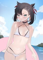 1girls bikini black_hair breasts choker clouds green_eyes holding_innertube innertube layered_bikini layered_swimsuit looking_at_viewer marnie_(pokemon) midriff navel nintendo ocean outside pokemon pokemon_ss sakura_(0tjagjmgptjm) sky small_breasts swimsuit twintails water white_bikini white_swimsuit