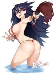 1girls ass blue_eyes breasts domino_mask flogger handcuffs holding_whip hotvr in_water large_breasts long_hair looking_at_viewer midnight_(my_hero_academia) my_hero_academia nemuri_kayama red_swimsuit sling_bikini slingshot_swimsuit swimsuit water whip x_hair_ornament