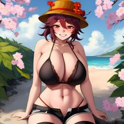 1girls ai_generated aka6_(style) beach belly_button big_breasts bikini black_bikini black_shorts black_thighhighs bluecatrip blush_lines cherry_blossoms cloud clouds female flower flower_in_hat flowers flowers_on_head genshin_impact gigantic_breasts hands hands_down hat hoyoverse hu_tao_(genshin_impact) huge_breasts mihoyo navel nose nose_blush red_eyes red_flower red_hair sakura_tree sea seaside short_hair short_jeans shorts smile smiling smiling_at_viewer stable_diffusion teeth teeth_showing thick_thighs thighhighs thighs thong