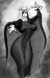 big_breasts black_and_white black_dress breasts commission covered_navel crown curvy dress female greyscale impossible_clothes impossible_dress large_breasts lips long_dress long_hair looking_at_viewer monochrome one_eye_covered skellyjacks1 solo thick_thighs thighs very_long_hair wide_hips