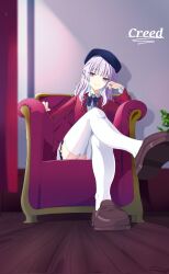 1girls classroom_of_the_elite crossed_legs sakayanagi_arisu school_uniform silver_hair sitting